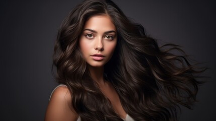 Fototapeta premium Vogue style close up portrait of beautiful woman with long curly blond hair on black background. Neural network ai generated art