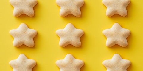 Star-shaped cookies arranged in rows on a yellow background.