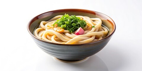 Japanese udon noodles in a bowl on white background