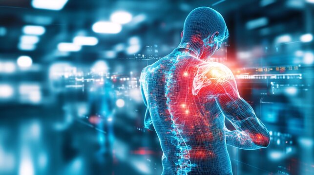Person in a casual shirt rubbing their sore shoulder with a pained expression on a bright surface Stock Photo with side copy space
