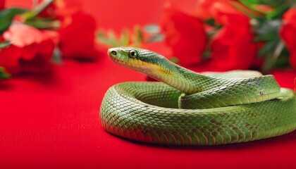 Fototapeta premium A green snake is laying on a red background with red flowers