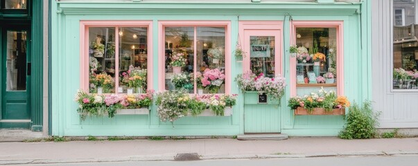 Floral storefront with pink trim and green door.