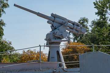 Machine gun navy artillery. Automated machine gun on the deck of a military Ukrainian ship, at sea....