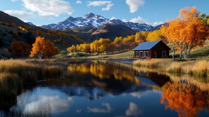 Cabin in the Mountains with Autumn Colors and Reflection in Water