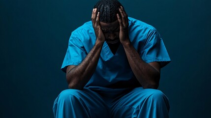 Individual in patient scrubs sitting with their head in their hands suffering from a headache on a sterile background Stock Photo with side copy space