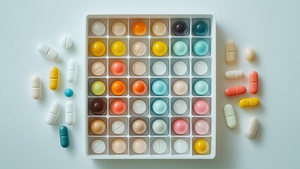 A collection of colorful pills and capsules on a clean white background, representing various medications and vitamins for health and wellness