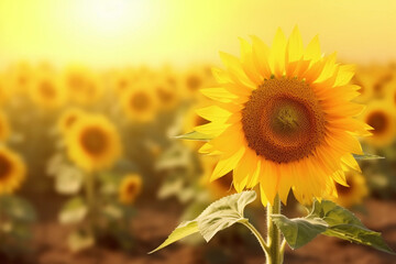 Obraz premium Grand tournesol en gros plan dans un champ, baigné par une lumière dorée et ensoleillée, avec des tournesols flous à l'arrière-plan