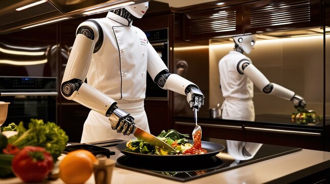 In a sleek kitchen illuminated by soft lighting, a robot chef skillfully chops vegetables and adds sauce to a pan. Fresh ingredients surround it, showcasing advanced culinary technology in action