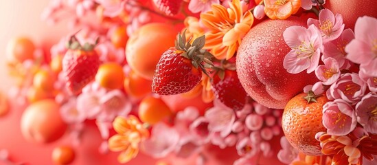 Vibrant and Captivating Arrangement of Fresh Strawberries Citrus Fruits and Blooming Flowers in Warm Radiant Tones  Healthy Organic and Visually Appealing Still Life Composition