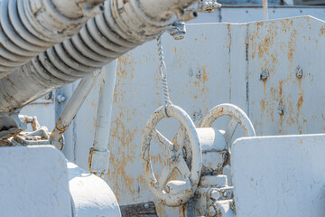 Machine gun navy artillery. Automated machine gun on the deck of a military Ukrainian ship, at sea....