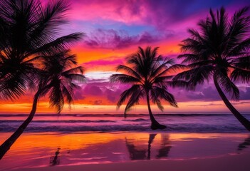 Obraz premium vibrant tropical palm tree silhouette majestically backlit stunning sunset bold colors peaceful atmosphere, colorful, orange, red, yellow, sky, clouds
