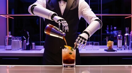 A robot with articulated arms mixes a cocktail in a sleek bar environment, showcasing its ability to serve drinks efficiently and stylishly during a vibrant night out
