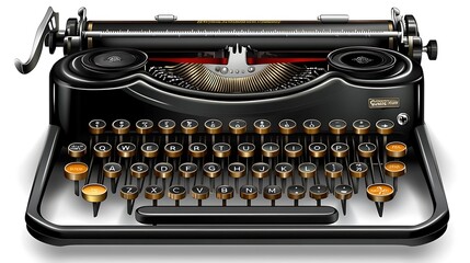 Vintage Black Typewriter with Gold Keys Isolated on White Background