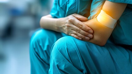 Person in scrubs cradling their arm in pain while seated in a sterile hospital environment Stock Photo with side copy space