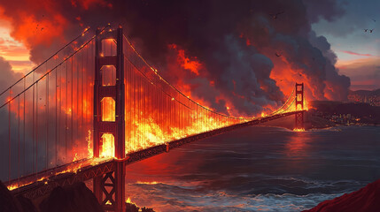 A painting of the Golden Gate Bridge on fire