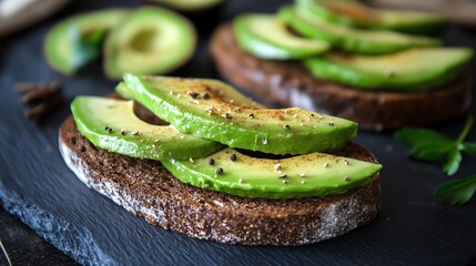 Two slices of avocado toast on a wooden cutting board.