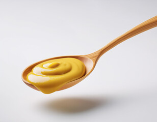 yellow mustard sauce on a wood spoon isolated on white background
