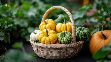 Basket of assorted pumpkins in a garden setting, vibrant colors and natural textures.
