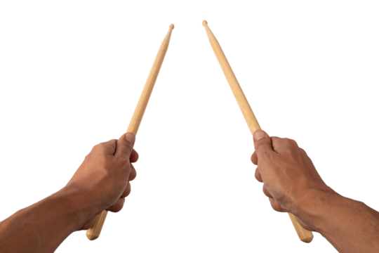 Male hands holding drum sticks no background cutout