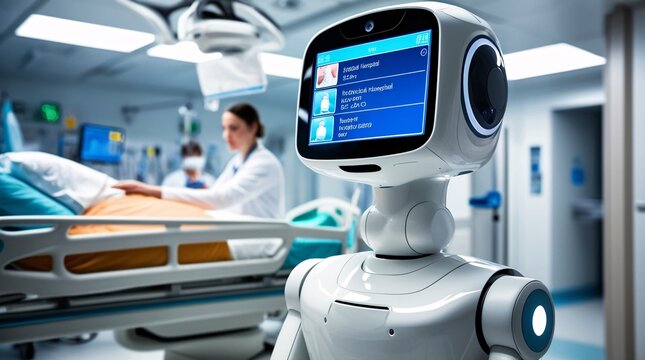 A robot designed for healthcare support engages with medical personnel in a hospital room. The staff member is preparing to assist a patient, showcasing advanced technology in medicine