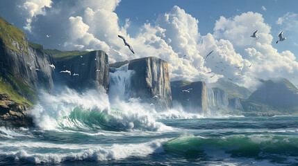 Majestic cliffs by the ocean with seabirds
