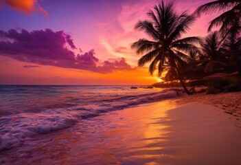 stunning vibrant beach scenery relaxing tropical elements colorful sunsets creating perfect summer escape, palm, ocean, sand, waves, shells, sky, horizon
