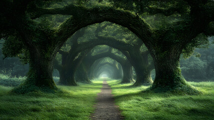 A Tunnel of Ancient Trees in a Mossy Green Landscape, Creating a Serene and Mystical Atmosphere
