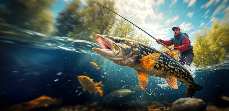 Fisherman and trout, underwater view. Fishing hobby vacation concept.
