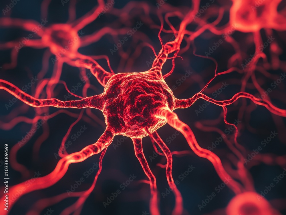 Poster close-up view of a vibrant red neuron showcasing its intricate structure and connections against a d