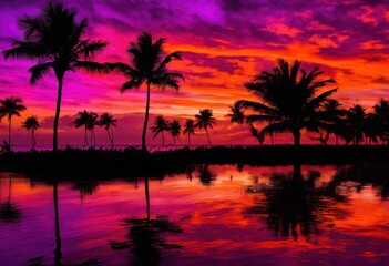 Obraz premium vibrant sunset over tranquil silhouettes palm trees colorful sky, cloud, evening, twilight, horizon, dusk, reflection, landscape, scenery, outdoor, beauty