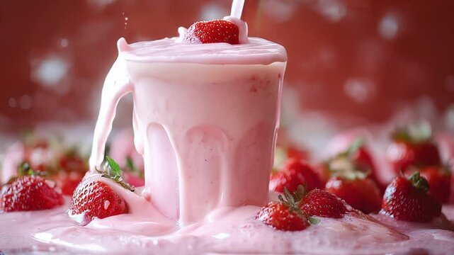 A glass of pink strawberry smoothie with a fresh strawberry splashing into it, surrounded by other strawberries and a pink background.