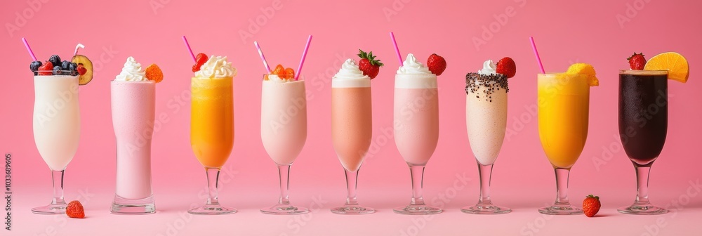 Poster a tempting lineup of various drinks and milkshakes with vibrant colors and toppings, perfect for a w