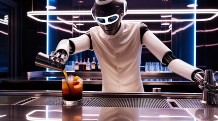 A robot bartender skillfully prepares a cocktail by pouring a dark liquid over ice, garnishing it with orange slices in a sleek, contemporary bar illuminated with neon lights