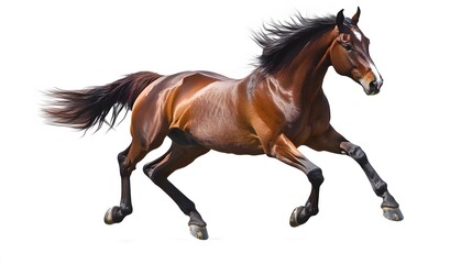 Bay stallion run gallop isolated on white. 