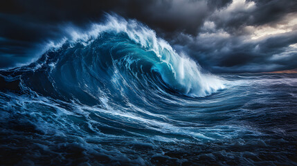 Powerful ocean wave under stormy sky