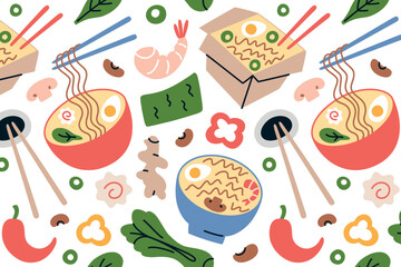 Ramen bowls pattern with shrimp, tofu, ginger and noodle soup ingredients. Bok choy, nori, and vegetables print. Vector illustration in flat cartoon style. Food design for culinary backgrounds