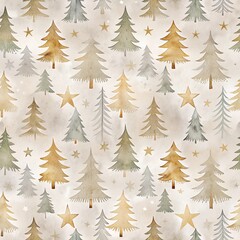 Obraz premium Serene Scandinavian Christmas Watercolor Pattern with Minimalist Trees and Stars in Neutral Tones Soft Textured Seamless Background Design for Holiday Decor and Festive Mood