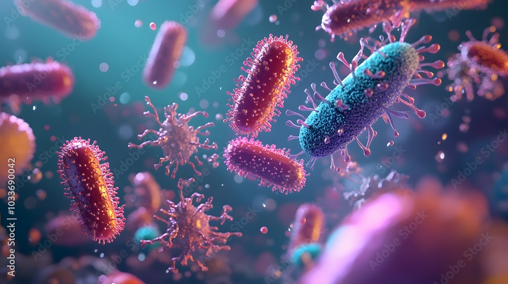 Aufkleber close-up of various bacteria and viruses floating in a liquid environment