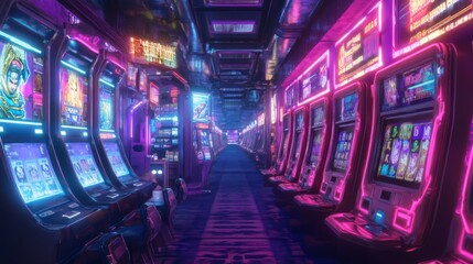 Futuristic cyberpunk pachinko parlor concept with holographic samurai helmets