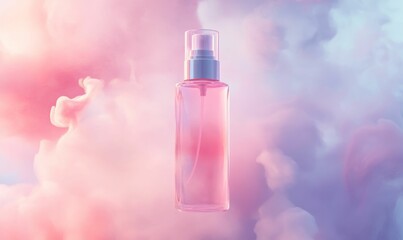 Pink perfume bottle against soft clouds.
