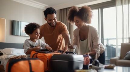 Happy family packing luggage together in a cozy hotel room during their vacation preparation