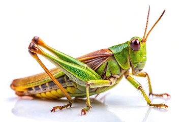Macro shot of grasshopper insect with shallow Depth of Field isolated on white background