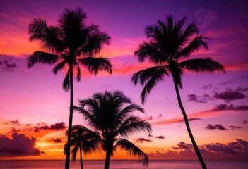 Naklejka premium vivid palm tree silhouettes framed spectacular sunset palette blending warm soft cool purples, vibrant, orange, pink, sky, nature, tropical, landscape