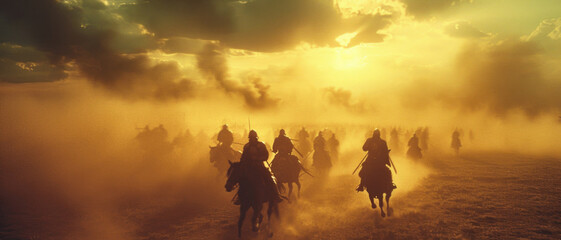 Fototapeta premium Armored knights on horseback are charging forward. They are carrying swords and lances, and their armor is gleaming in the sun.