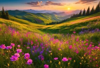 Obraz premium vibrant landscapes featuring lush blooming flowers bathed warm sunlight capturing brightness, blooms, nature, garden, petals, color, scenery, flora