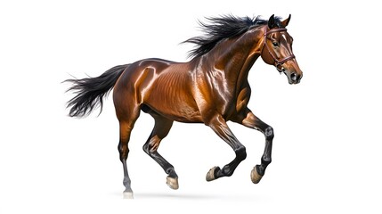 Bay stallion run gallop isolated on white. 