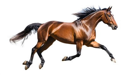 Bay stallion run gallop isolated on white. 