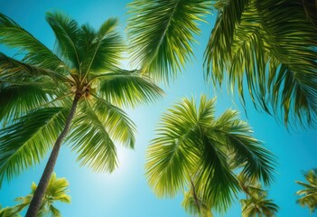 Fototapeta premium vibrant green palm leaves draped clear blue exuding tropical serenity natural beauty, beach, botanical, bright, closeup, circular, cloud, color, detail