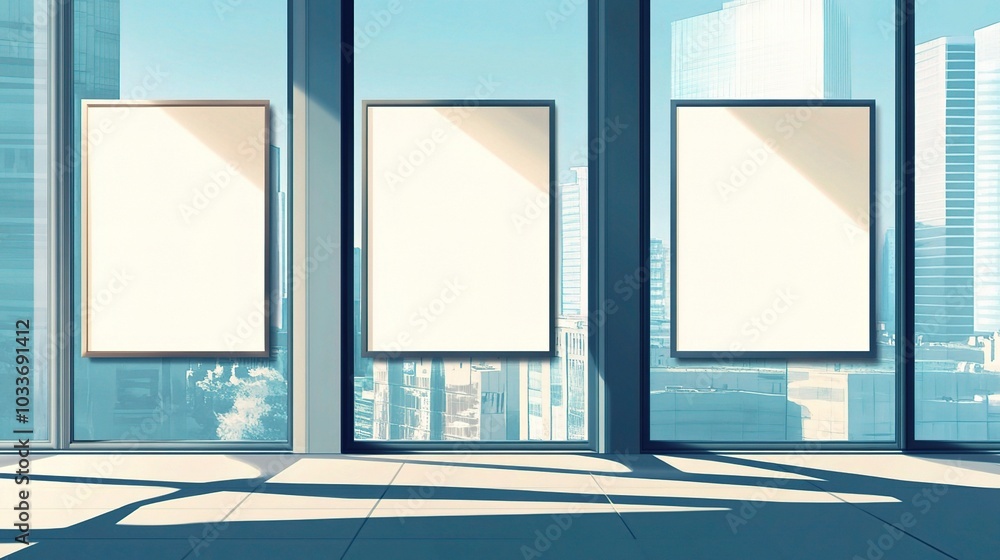 Poster modern gallery with blank frames in urban setting