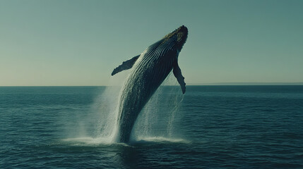 Fototapeta premium Whale breaching ocean surface in sunlight